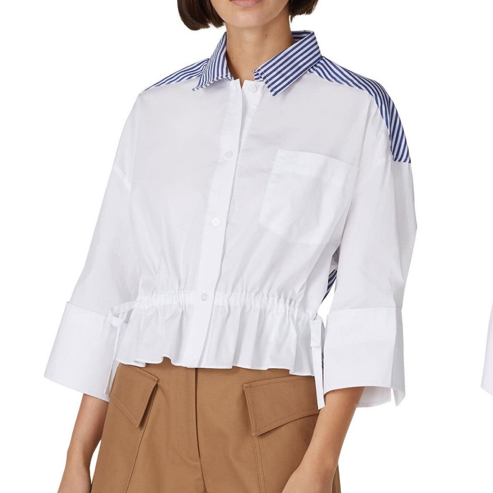 Caara Striped Blue and White Button-Up Blouse